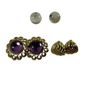 Lot 3 Stud Earrings Clear Ball Orb Gold Tone Knot Faux Garnet Ornate